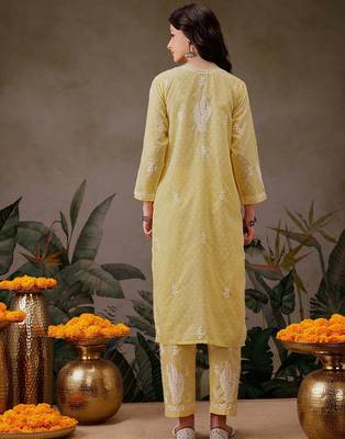 Hand embroidered yellow cotton lucknowi chikankari co-ord set 2
