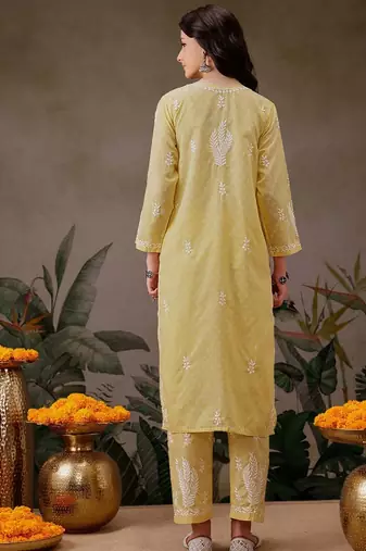 Hand embroidered yellow cotton lucknowi chikankari co-ord set