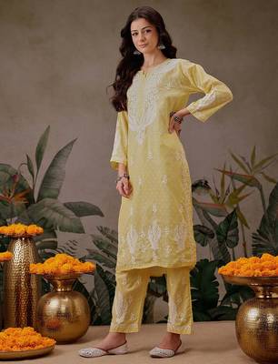 Hand embroidered yellow cotton lucknowi chikankari co-ord set 3