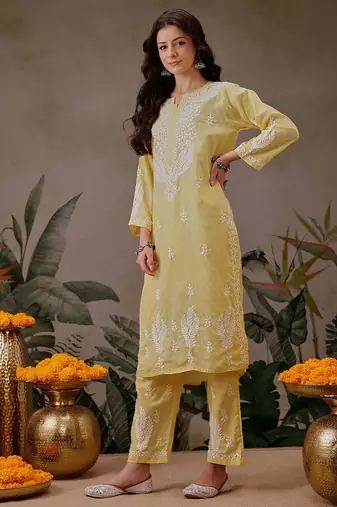 Hand embroidered yellow cotton lucknowi chikankari co-ord set