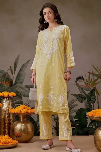 Hand embroidered yellow cotton lucknowi chikankari co-ord set