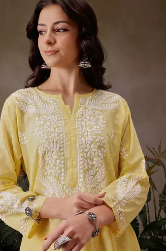 Hand embroidered yellow cotton lucknowi chikankari co-ord set