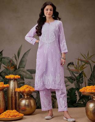 Hand embroidered lavender cotton lucknowi chikankari co-ord set 1