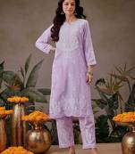 Hand embroidered lavender cotton lucknowi chikankari co-ord set