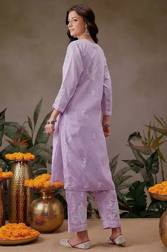 Hand embroidered lavender cotton lucknowi chikankari co-ord set