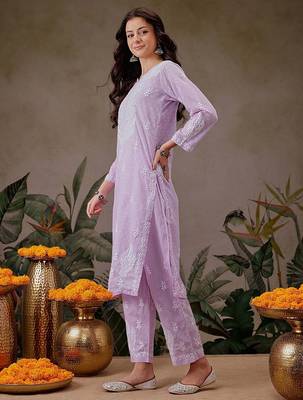 Hand embroidered lavender cotton lucknowi chikankari co-ord set 3