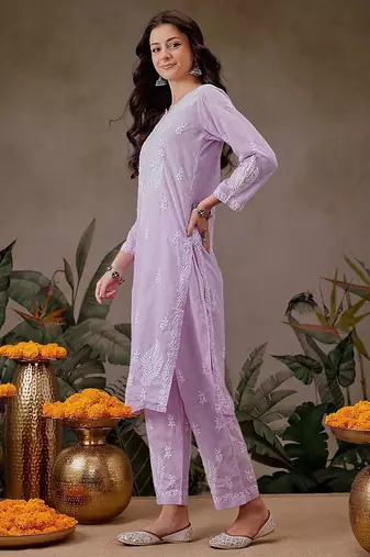 Hand embroidered lavender cotton lucknowi chikankari co-ord set