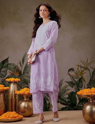 Hand embroidered lavender cotton lucknowi chikankari co-ord set 4