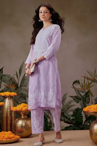 Hand embroidered lavender cotton lucknowi chikankari co-ord set