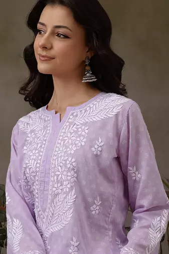 Hand embroidered lavender cotton lucknowi chikankari co-ord set