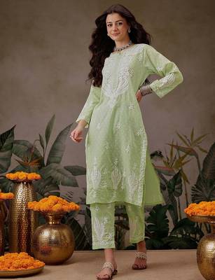 Hand embroidered liril geen cotton lucknowi chikankari co-ord set 1
