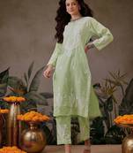 Hand embroidered liril geen cotton lucknowi chikankari co-ord set