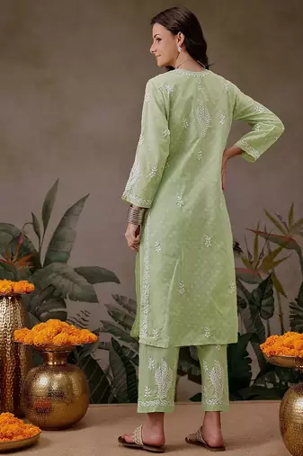 Hand embroidered liril geen cotton lucknowi chikankari co-ord set