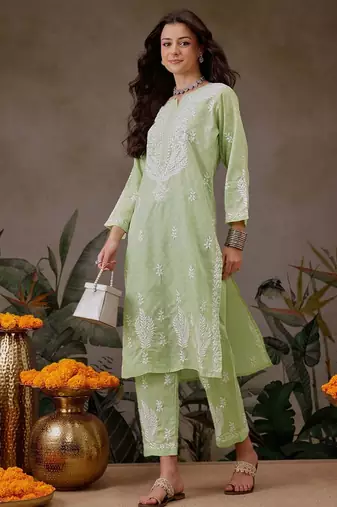 Hand embroidered liril geen cotton lucknowi chikankari co-ord set