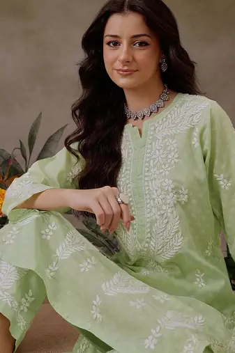 Hand embroidered liril geen cotton lucknowi chikankari co-ord set