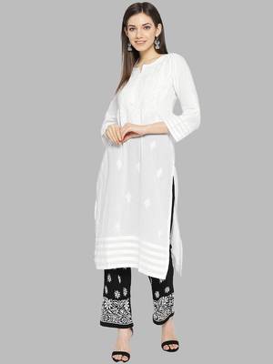 Hand embroidered white cotton lucknowi chikankari kurta with palazzo set 1