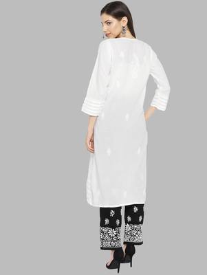 Hand embroidered white cotton lucknowi chikankari kurta with palazzo set 2