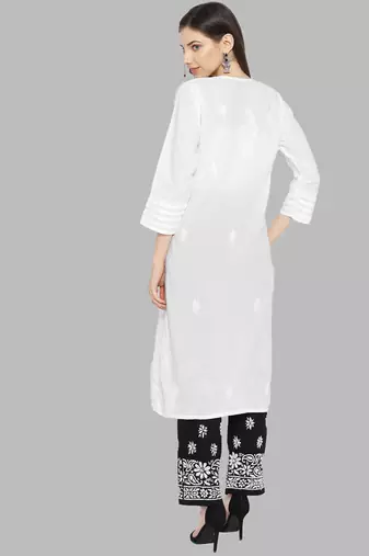 Hand embroidered white cotton lucknowi chikankari kurta with palazzo set