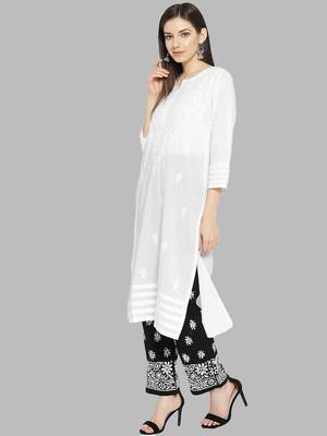 Hand embroidered white cotton lucknowi chikankari kurta with palazzo set 3