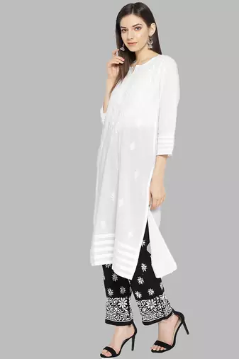 Hand embroidered white cotton lucknowi chikankari kurta with palazzo set