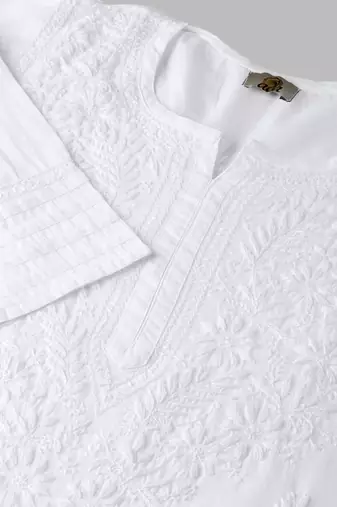 Hand embroidered white cotton lucknowi chikankari kurta with palazzo set