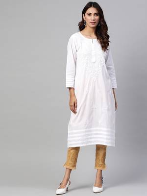 Hand embroidered white cotton lucknowi chikankari straight kurta with palazzo 1