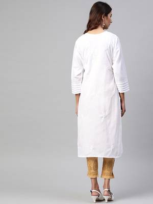 Hand embroidered white cotton lucknowi chikankari straight kurta with palazzo 2