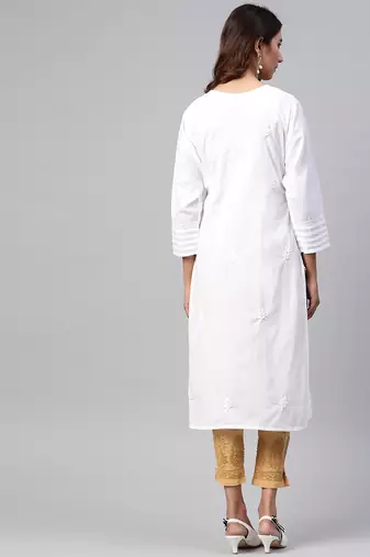 Hand embroidered white cotton lucknowi chikankari straight kurta with palazzo