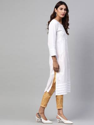Hand embroidered white cotton lucknowi chikankari straight kurta with palazzo 3