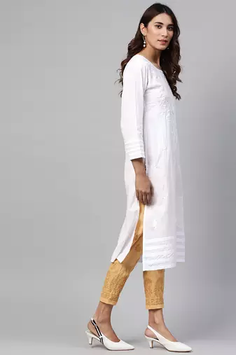 Hand embroidered white cotton lucknowi chikankari straight kurta with palazzo