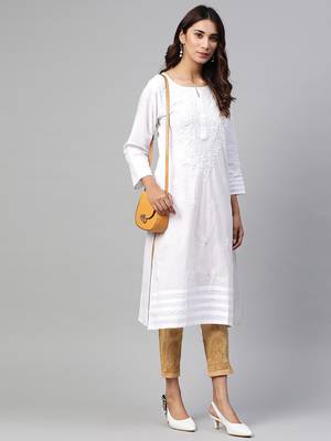 Hand embroidered white cotton lucknowi chikankari straight kurta with palazzo 4