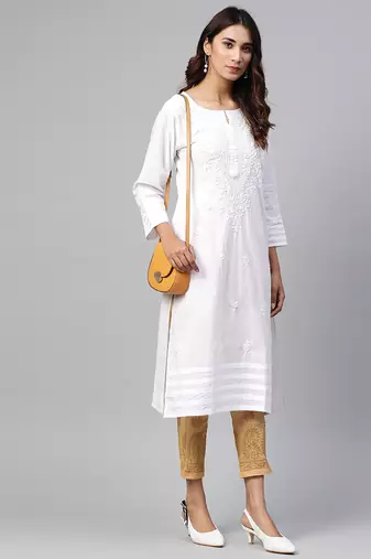 Hand embroidered white cotton lucknowi chikankari straight kurta with palazzo