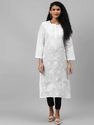 Hand embroidered white/black cotton lucknowi chikankari kurta set 1