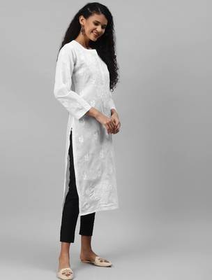 Hand embroidered white/black cotton lucknowi chikankari kurta set 3