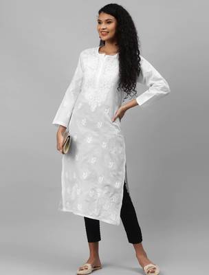Hand embroidered white/black cotton lucknowi chikankari kurta set 4