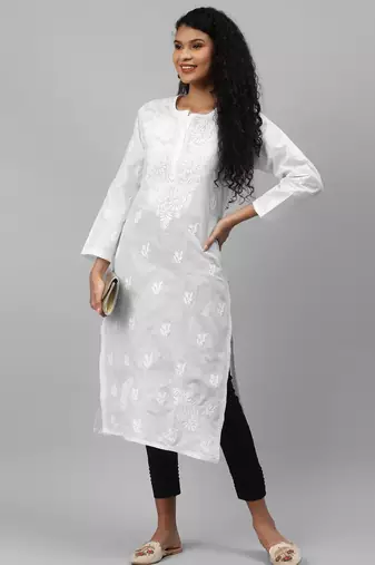 Hand embroidered white/black cotton lucknowi chikankari kurta set