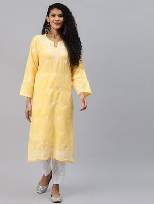 Hand embroidered yellow cotton lucknowi chikankari straight kurta set 1
