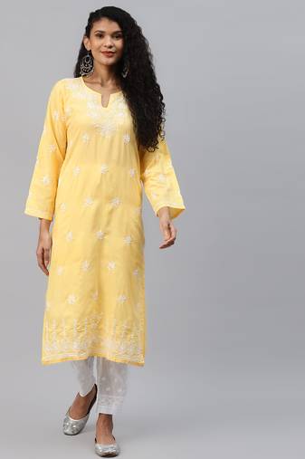 Hand embroidered yellow cotton lucknowi chikankari straight kurta set