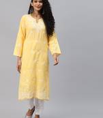 Hand embroidered yellow cotton lucknowi chikankari straight kurta set