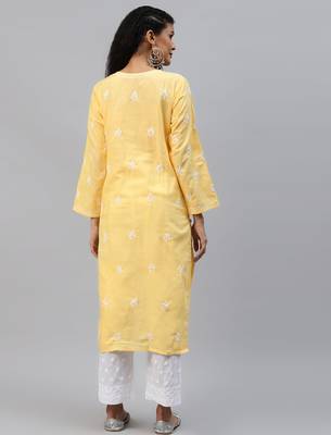 Hand embroidered yellow cotton lucknowi chikankari straight kurta set 2