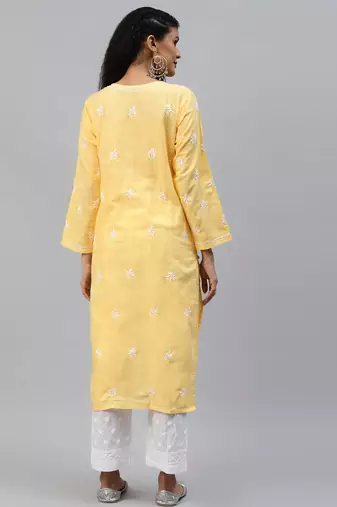 Hand embroidered yellow cotton lucknowi chikankari straight kurta set