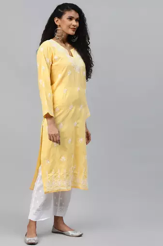 Hand embroidered yellow cotton lucknowi chikankari straight kurta set