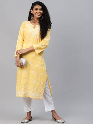 Hand embroidered yellow cotton lucknowi chikankari straight kurta set 4
