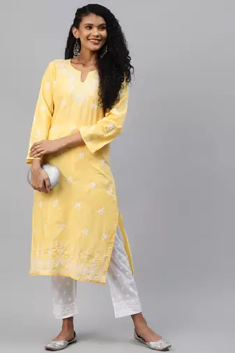 Hand embroidered yellow cotton lucknowi chikankari straight kurta set