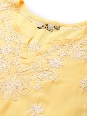 Hand embroidered yellow cotton lucknowi chikankari straight kurta set 5