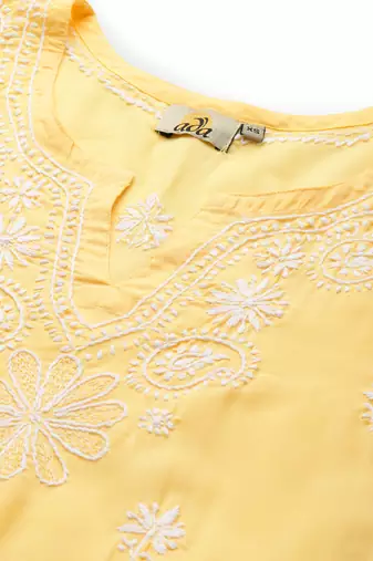 Hand embroidered yellow cotton lucknowi chikankari straight kurta set
