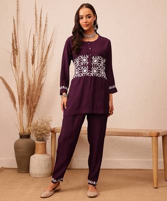Hand embroidered wine cotton lucknowi chikankari co-ord set 1