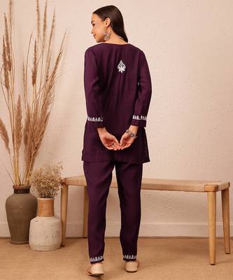 Hand embroidered wine cotton lucknowi chikankari co-ord set 2