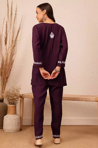 Hand embroidered wine cotton lucknowi chikankari co-ord set
