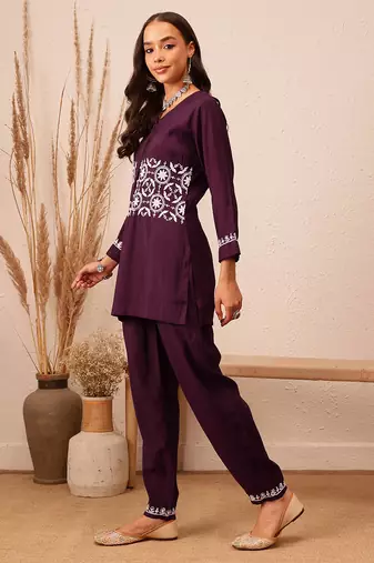 Hand embroidered wine cotton lucknowi chikankari co-ord set